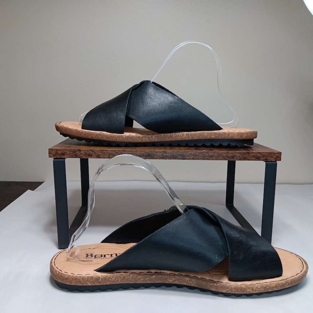 Born Rio Leather Slide Sandals Womens 11 Black Buckle Crisscross Excellent - Picture 2 of 10
